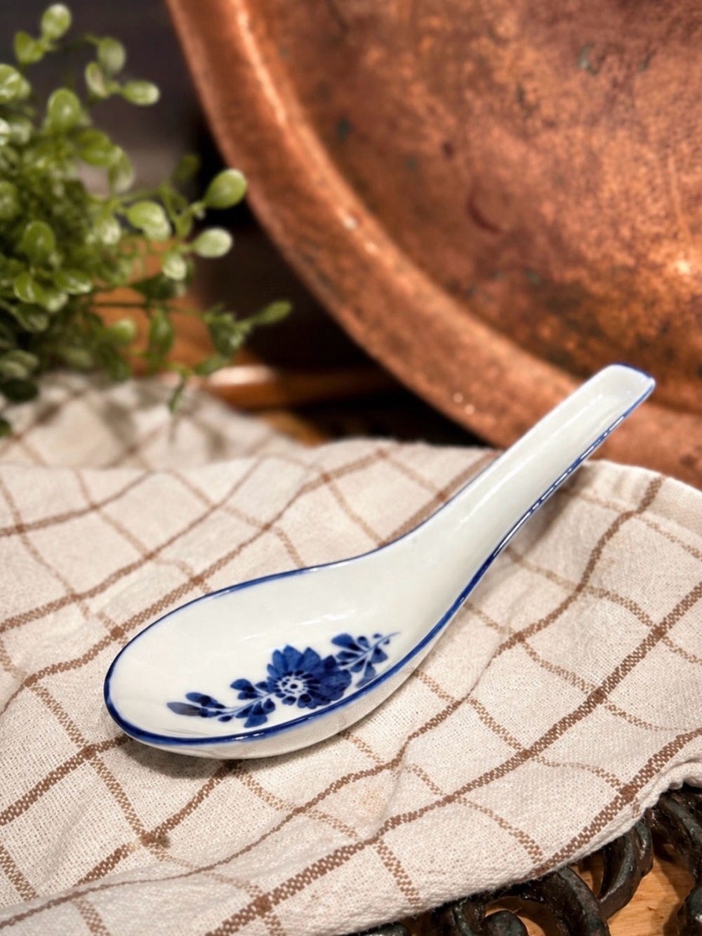 Vintage Blue & White Floral Ceramic Spoon Rest 5.5” Cottage Kitchen